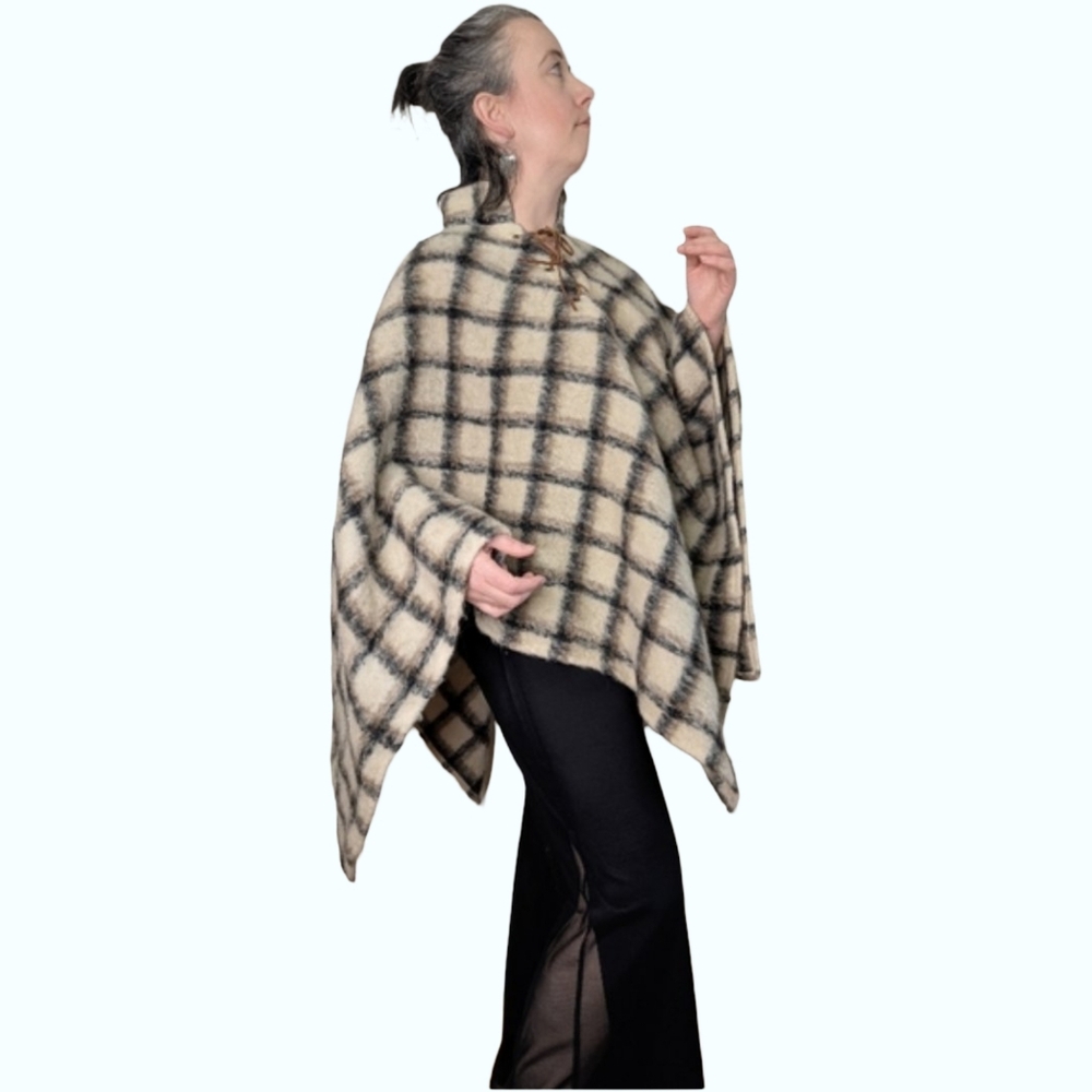 Wool Asymmetrical Poncho Neutral Check Pattern/Plaid Muiltisize Leather Tie Up